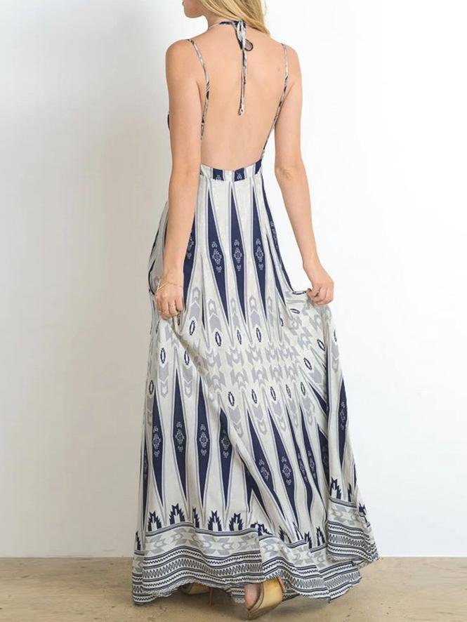 V neck Retro Print Suspender Long Dress