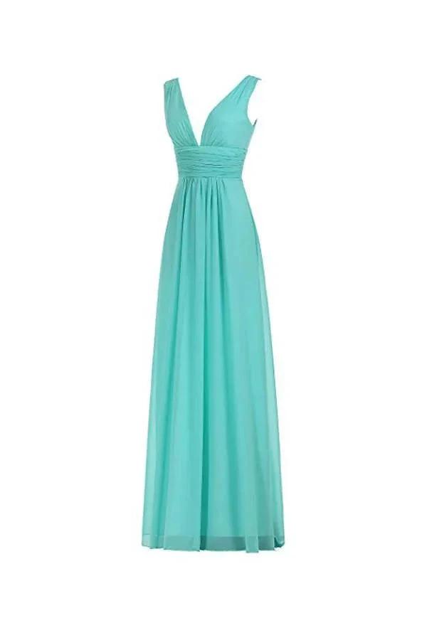 V-Neck Ruched Waist Long Prom Evening Gown Bridesmaid Dress (ZD13184)