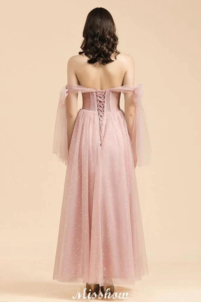 V-Neck Ruffle Chffion Sleeves Aline Bridesmaid Dress Dusty Pink Wedding party Dress (ZD12894)