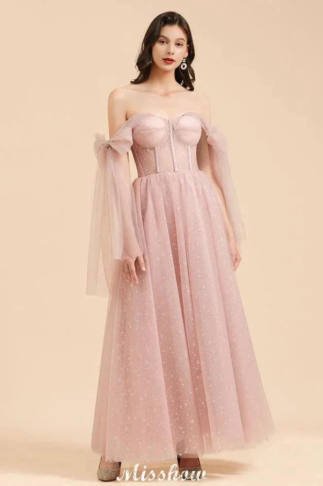 V-Neck Ruffle Chffion Sleeves Aline Bridesmaid Dress Dusty Pink Wedding party Dress (ZD12894)