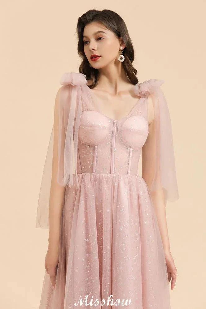 V-Neck Ruffle Chffion Sleeves Aline Bridesmaid Dress Dusty Pink Wedding party Dress (ZD12894)