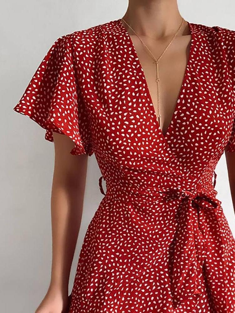 V neck Ruffled Belt Wrap Mini Dress