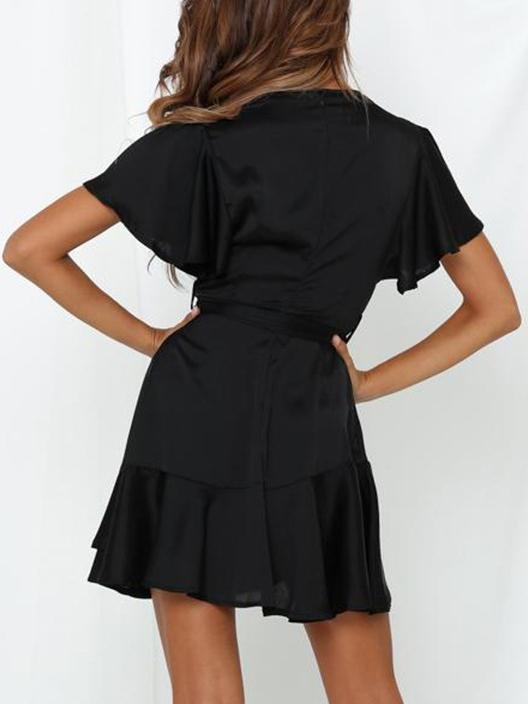 V neck Ruffled Belt Wrap Mini Dress