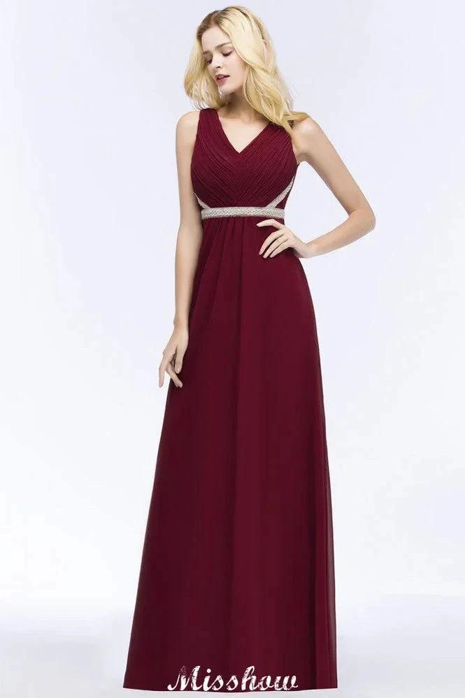 V-neck Ruffled Floor-Length Beading Bridesmaid Dresses A-line Chiffon with Sash (ZD12885)