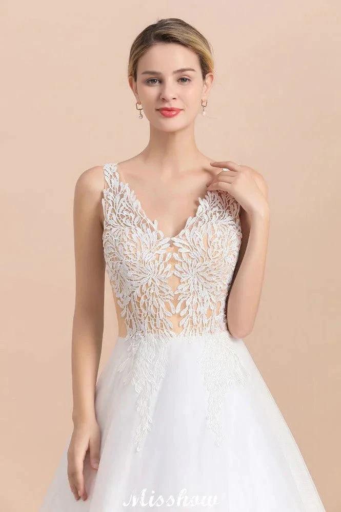 V-Neck See-through Lace Aline Wedding Dress Floor length Princess Bridal Gown (ZD13966)