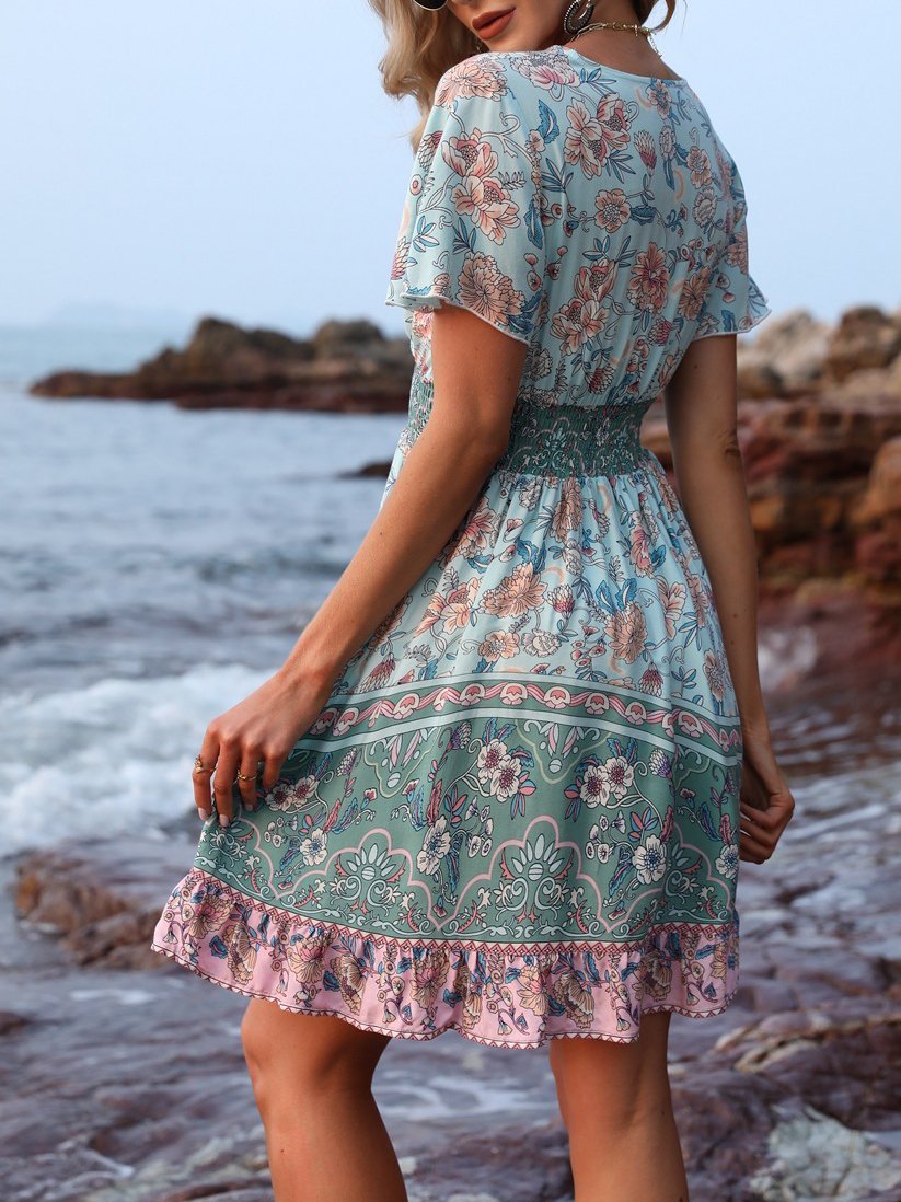 V Neck Short Sleeve Boho Print Dress