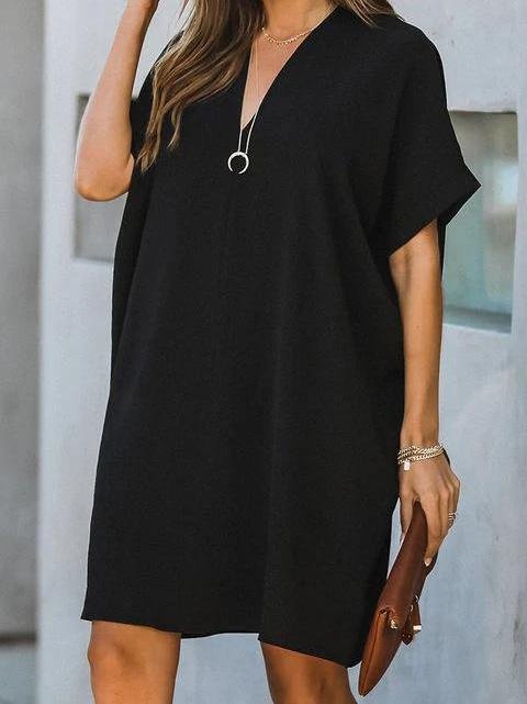 V neck Short Sleeve Solid Color Loose Dress