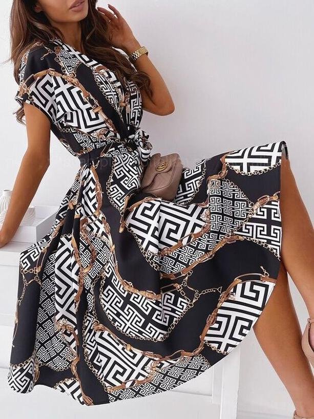 V neck Short sleeved Shirt Dress