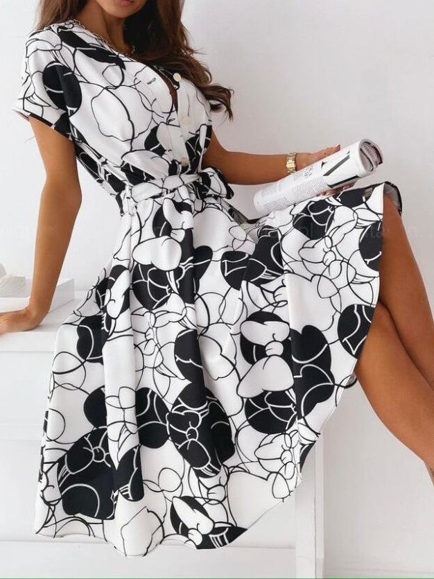 V neck Short sleeved Shirt Dress