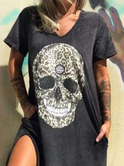 V neck Short sleeved Skull Print Slit T shirt Dress