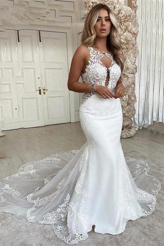 V-neck Sleeveless Appliques Lace Mermaid Floor-length Wedding Dresses (ZD16507) - VelvetHem