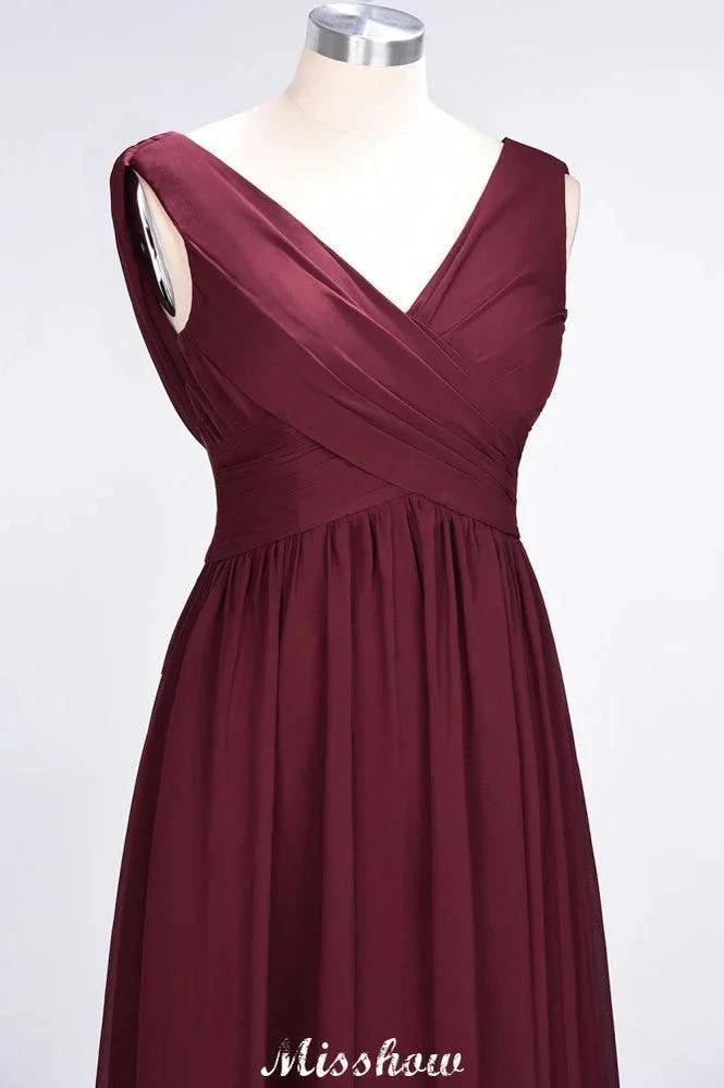V-Neck Sleeveless Floor-Length Bridesmaid Dress Aline Ruffles Chiffon Party Gown (ZD12911)