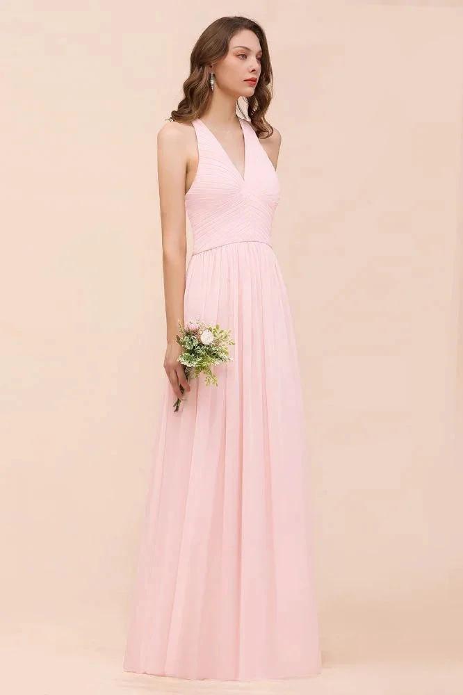 V-Neck Sleeveless Maxi Bridesmaid Dress Pink Chiffon Beach Wedding Dress (ZD12966)