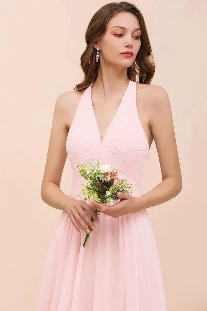 V-Neck Sleeveless Maxi Bridesmaid Dress Pink Chiffon Beach Wedding Dress (ZD12966)