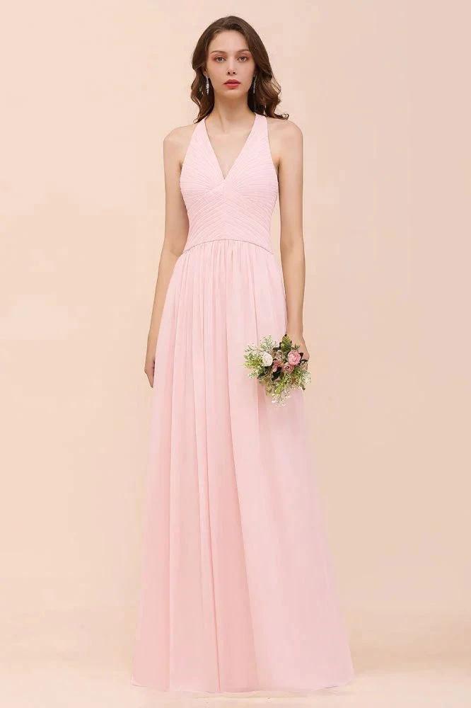 V-Neck Sleeveless Maxi Bridesmaid Dress Pink Chiffon Beach Wedding Dress by misshow.com