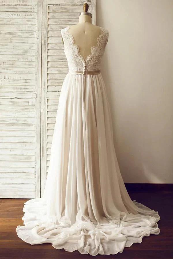 V-neck  Sleeveless Open Back Wedding Dress with Lace Sash (ZD16284)