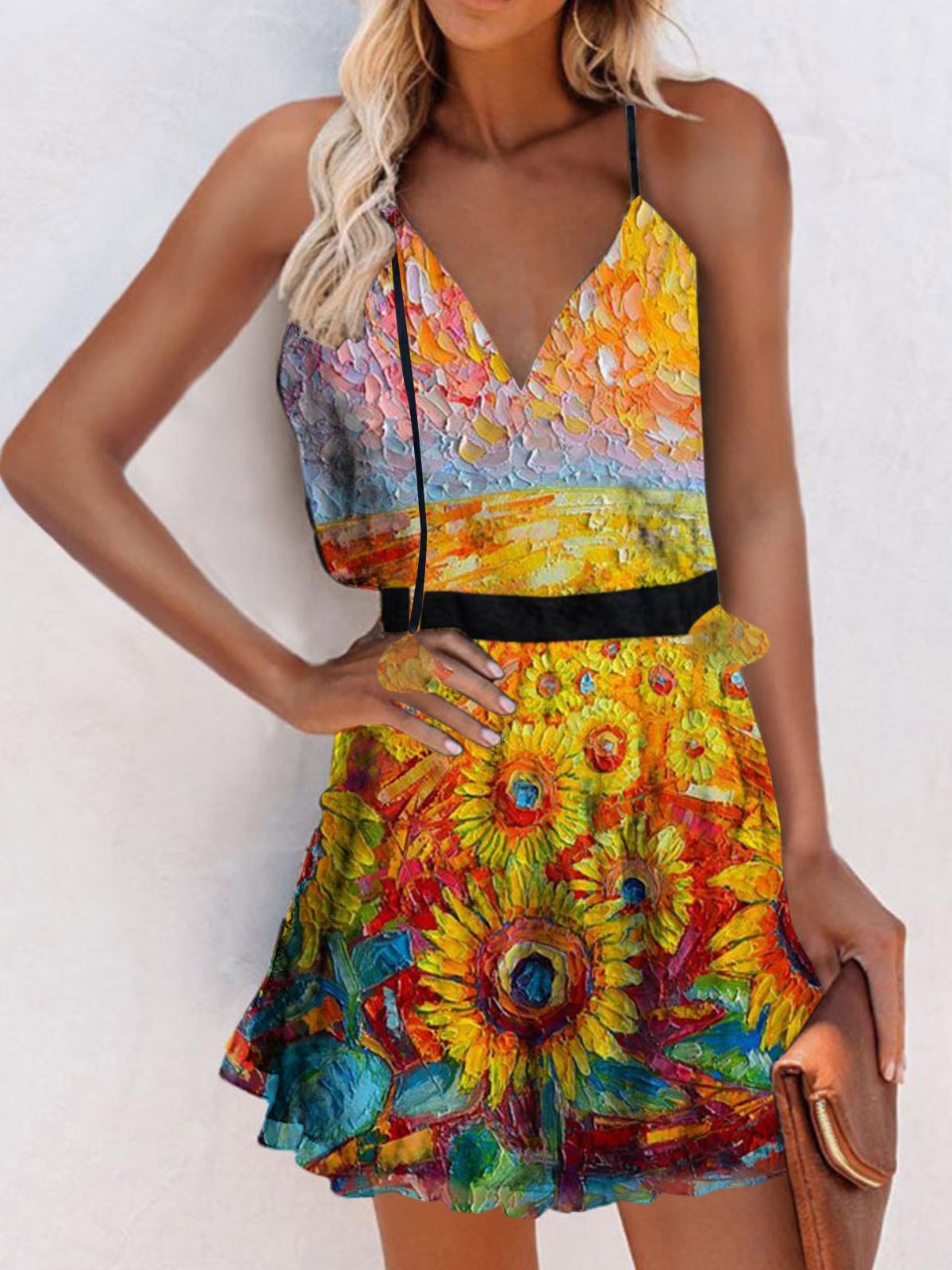 V Neck Sleeveless Print Suspender Dress