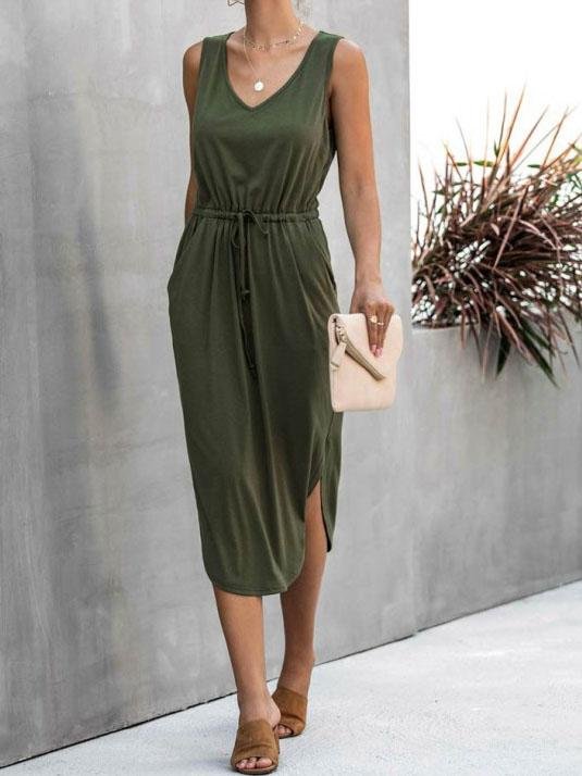 V neck Solid Color Irregular Waist Round Neck Vest Dress