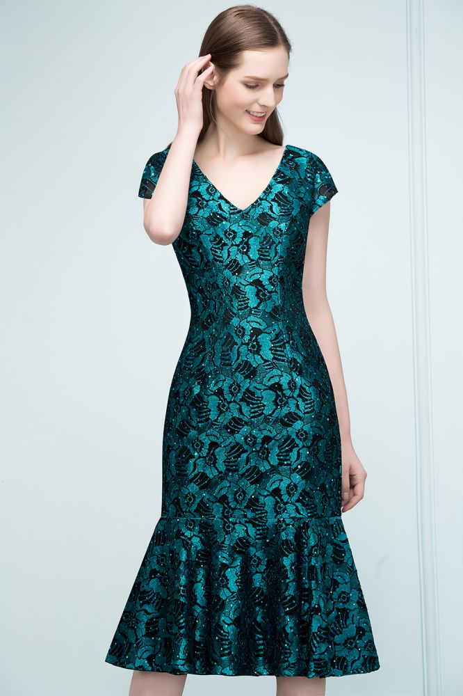 V-neck Tea Length Mermaid Lace Appliqued Prom Dresses