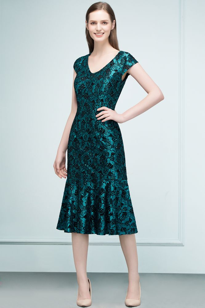 V-neck Tea Length Mermaid Lace Appliqued Prom Dresses - VelvetHem