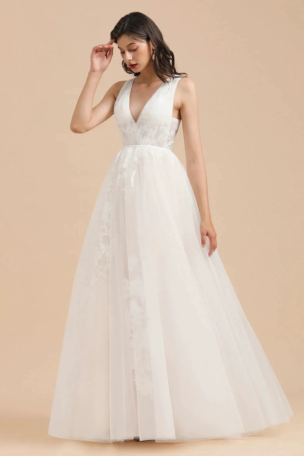 V-Neck Tulle Lace Appliques Simple Wedding Dress Garden Wedding Gowns Floor Length by misshow.com
