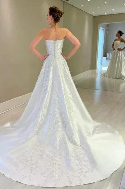 Vintage A-Line Satin Sleeveless White Long Wedding Dress With Appliques (ZD16652)