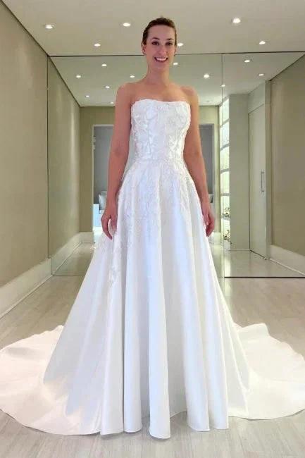 Vintage A-Line Satin Sleeveless White Long Wedding Dress With Appliques (ZD16652)