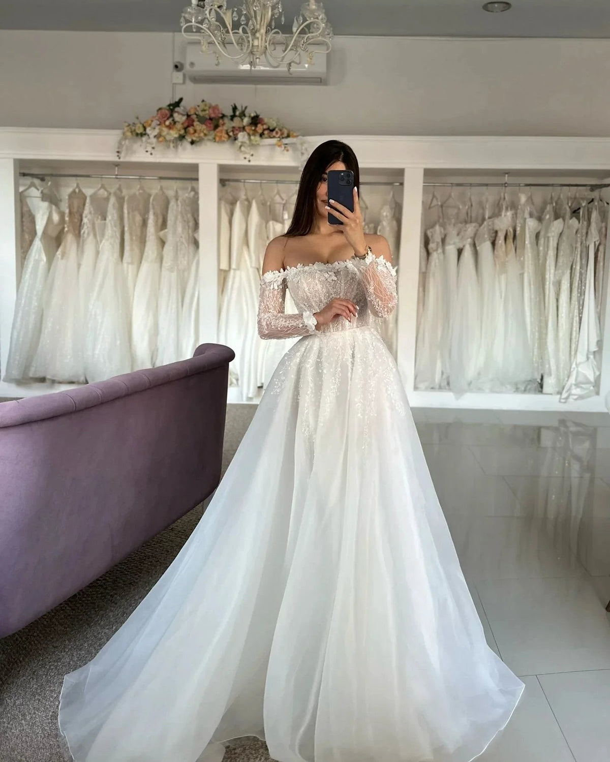 Vintage A-Line Tulle Lace Strapless Long Sleeve White Wedding Dresses With Split Front (ZD15542)