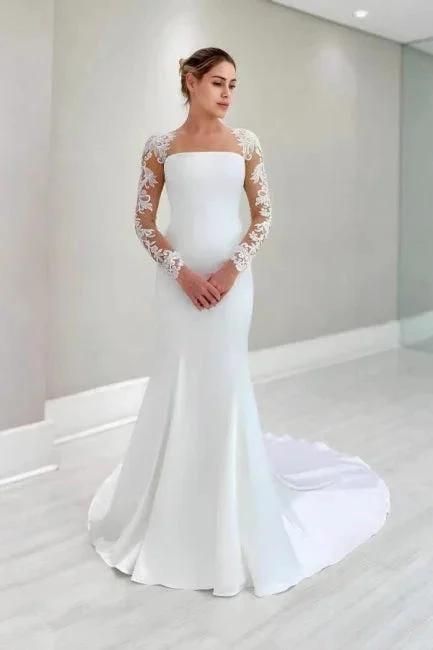 Vintage Column Satin Lace Long Sleeve White Wedding Dress With Appliques (ZD16648)
