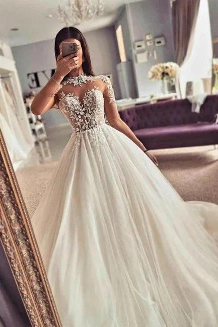 Vintage Jewel Long Sleeves Lace A-Line Tulle Wedding Dresses (ZD16525)