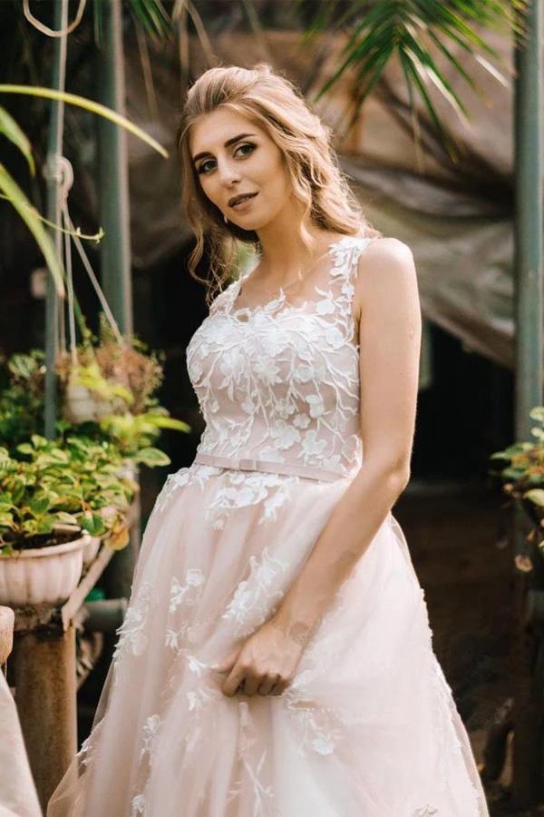 Vintage Lace Scoop Neckline A Line Tulle Wedding Bridal Dress (ZD16261)
