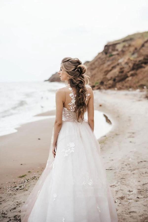 Vintage Lace Scoop Neckline A Line Tulle Wedding Bridal Dress (ZD16261)