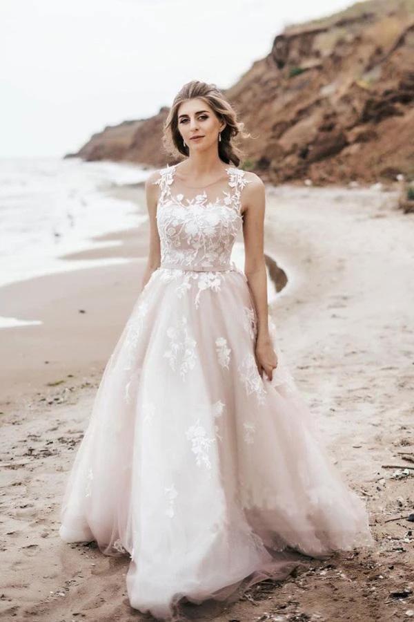 Vintage Lace Scoop Neckline A Line Tulle Wedding Bridal Dress (ZD16261)