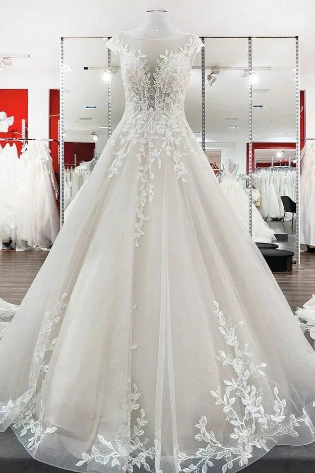 Vintage Long A-line Jewel Tulle Ruffles Wedding Dress with Lace Appliques (ZD15270) - VelvetHem