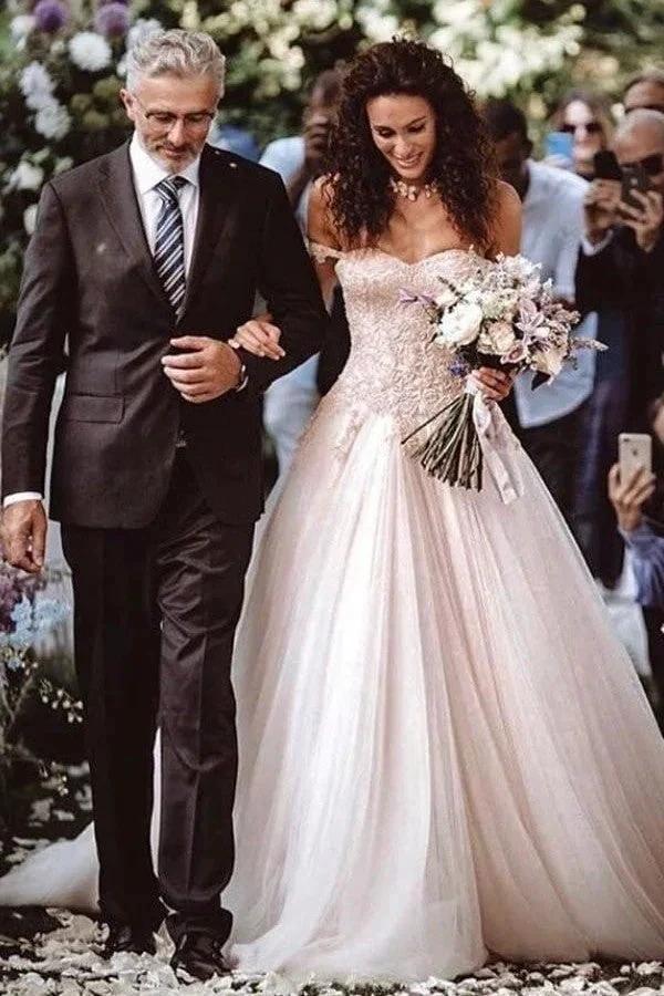 Vintage Long A-line Off-the-shoulder Lace Tulle Wedding Dress (ZD14359)