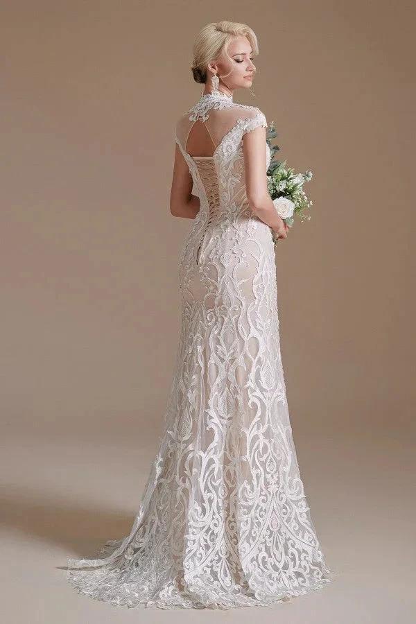 Vintage Long Mermaid High-neck Lace Wedding Dress with sleeves (ZD14345)