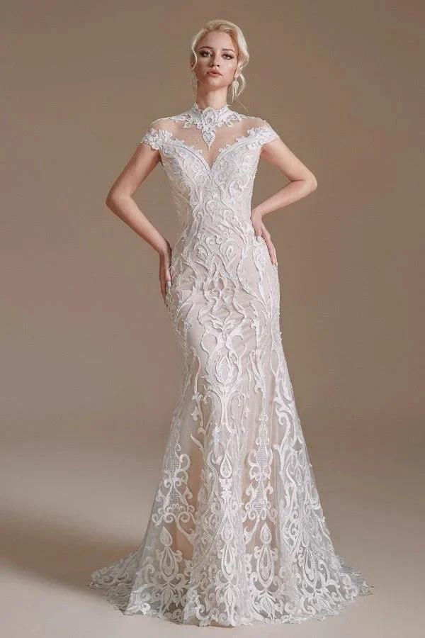 Vintage Long Mermaid High-neck Lace Wedding Dress with sleeves (ZD14345) - VelvetHem