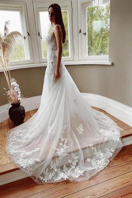 Vintage Mermaid V-neck Spaghetti Straps Lace Wedding Dresses With Train (ZD14529)