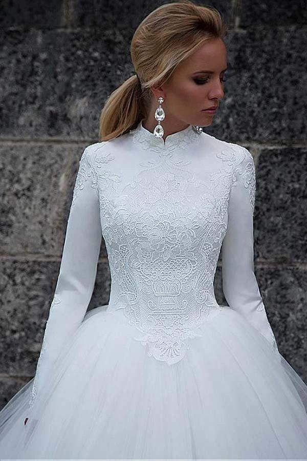 Vintage Satin High Collar Natural Waistline Ball Gown Wedding Dress (ZD16344)