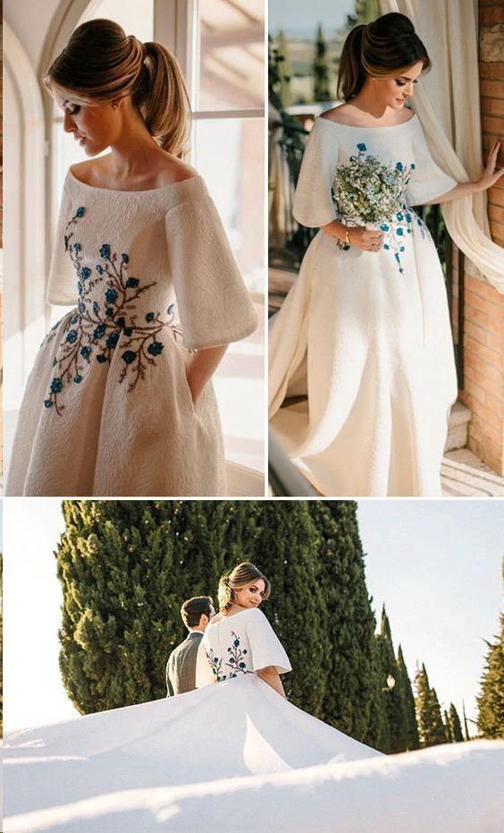 Wedding Dresses Bateau Embroidery Romantic Half Sleeve Bridal Gown (ZD15293)