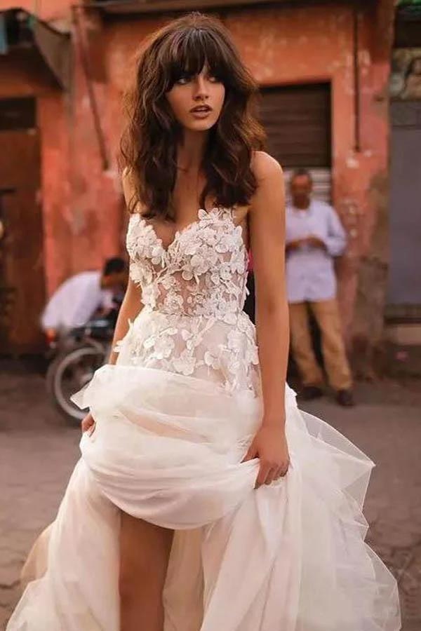 Wedding Dresses Straps A-line Backless Brush Train Tulle Long Bridal Gown (ZD16013) - VelvetHem
