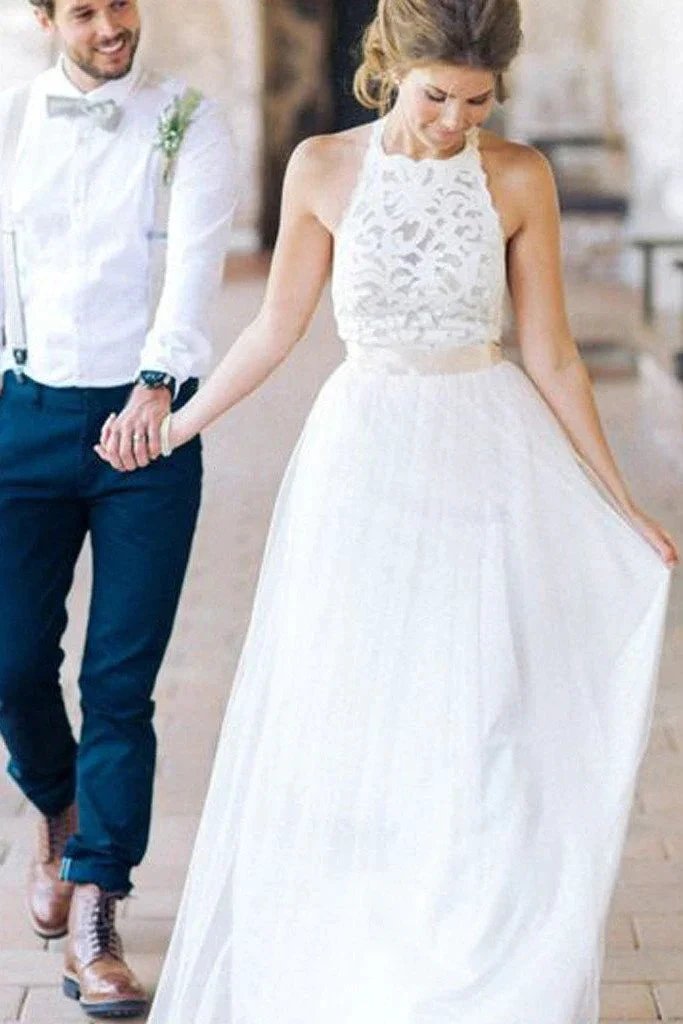 Simple White Halter Lace Long Sheath Beach Wedding Dresses Bridal Dresses (ZD14006) - VelvetHem