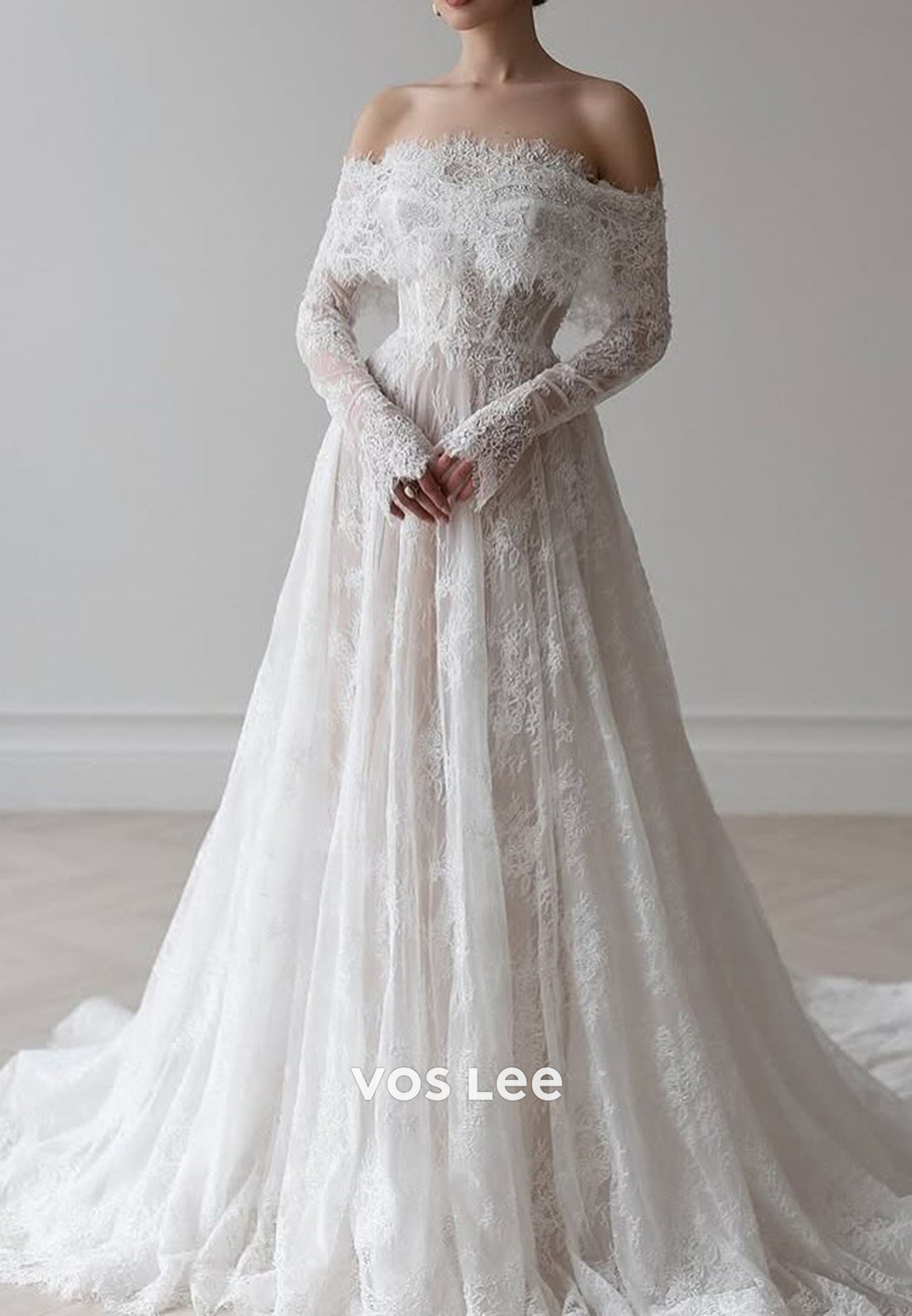 A-Line Long Sleeve Off the Shoulder Appliques Lace Wedding Dresses with Court Train