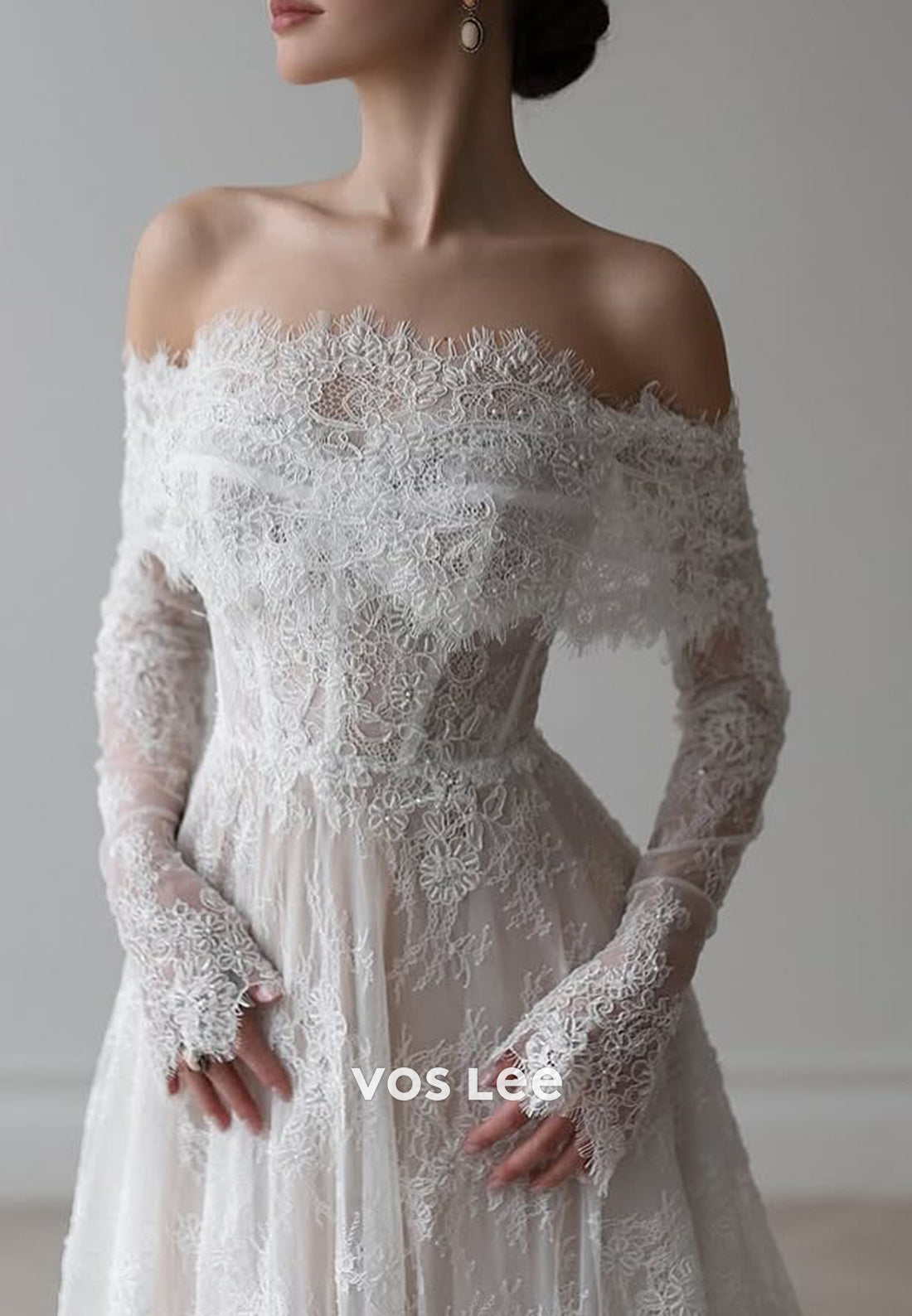 A-Line Long Sleeve Off the Shoulder Appliques Lace Wedding Dresses with Court Train