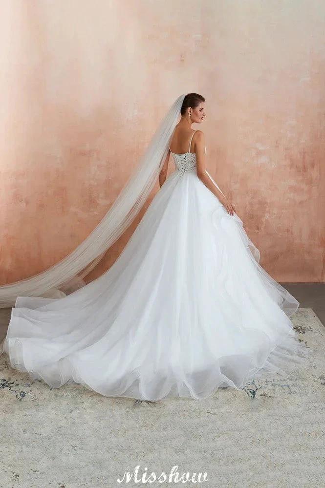 White Ball Gown Wedding Dress with Chapel Train, Spaghetti Strap See-through Lace up Bridal Gowns for Sale (ZD13974)