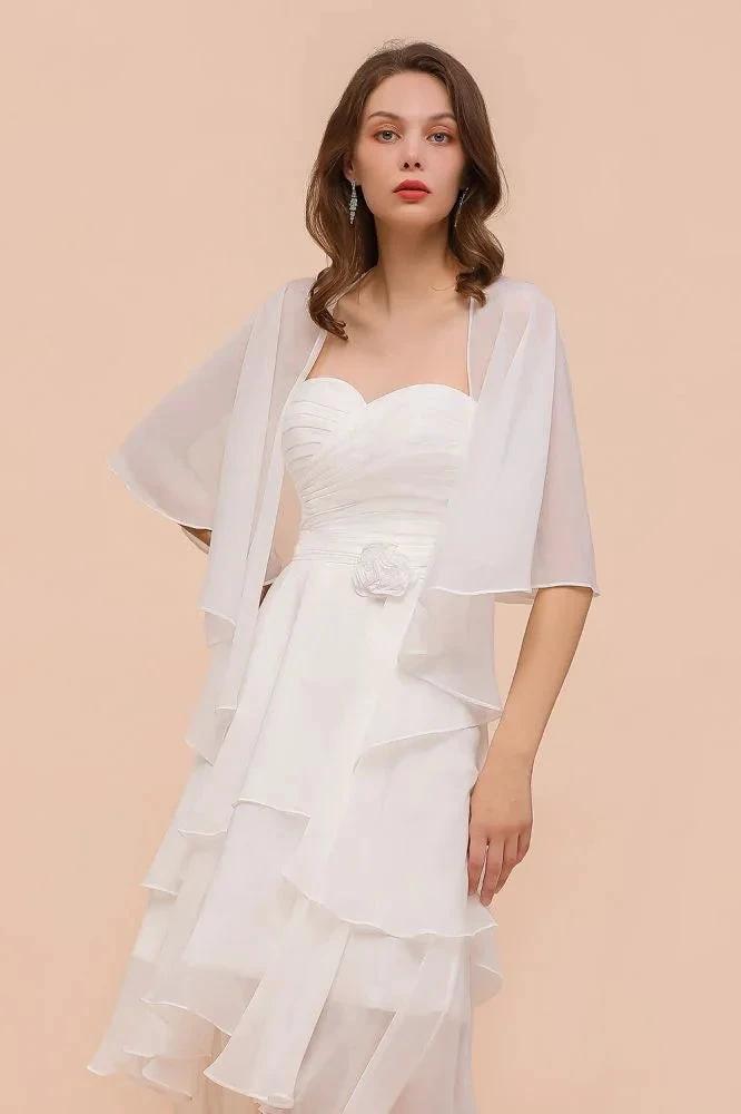 White Bridesmaid Dress Knee Length Two Layers of Wedding Guest Dress with Wraps (ZD13004)