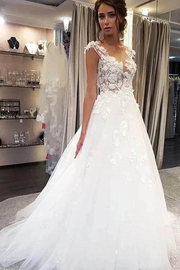 White Long A-line Tulle Lace Appiliques Wedding Dresses (ZD15008)