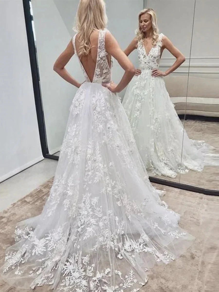 White Long A Line V Neck Backless Tulle Lace Wedding Dresses (ZD16743)