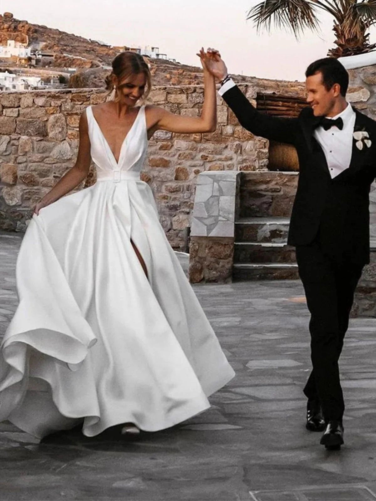 White Long A-line V-neck Satin Backless Wedding Dresses with Slit (ZD16746)