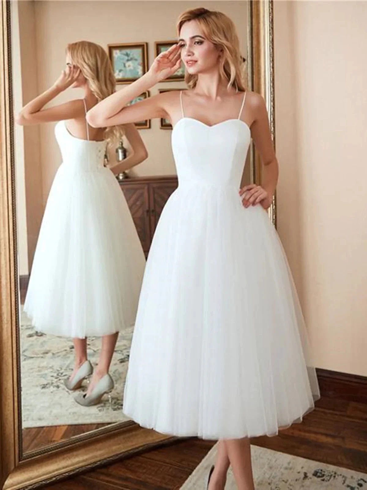 White Short A-line Sweetheart Tulle Tea Length Wedding Dresses (ZD16745)
